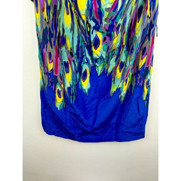Trina Turk Dress Size 8 Blue Peacock Print 100% Silk Cap Sleeve Beach Vacation - Picture 5 of 6